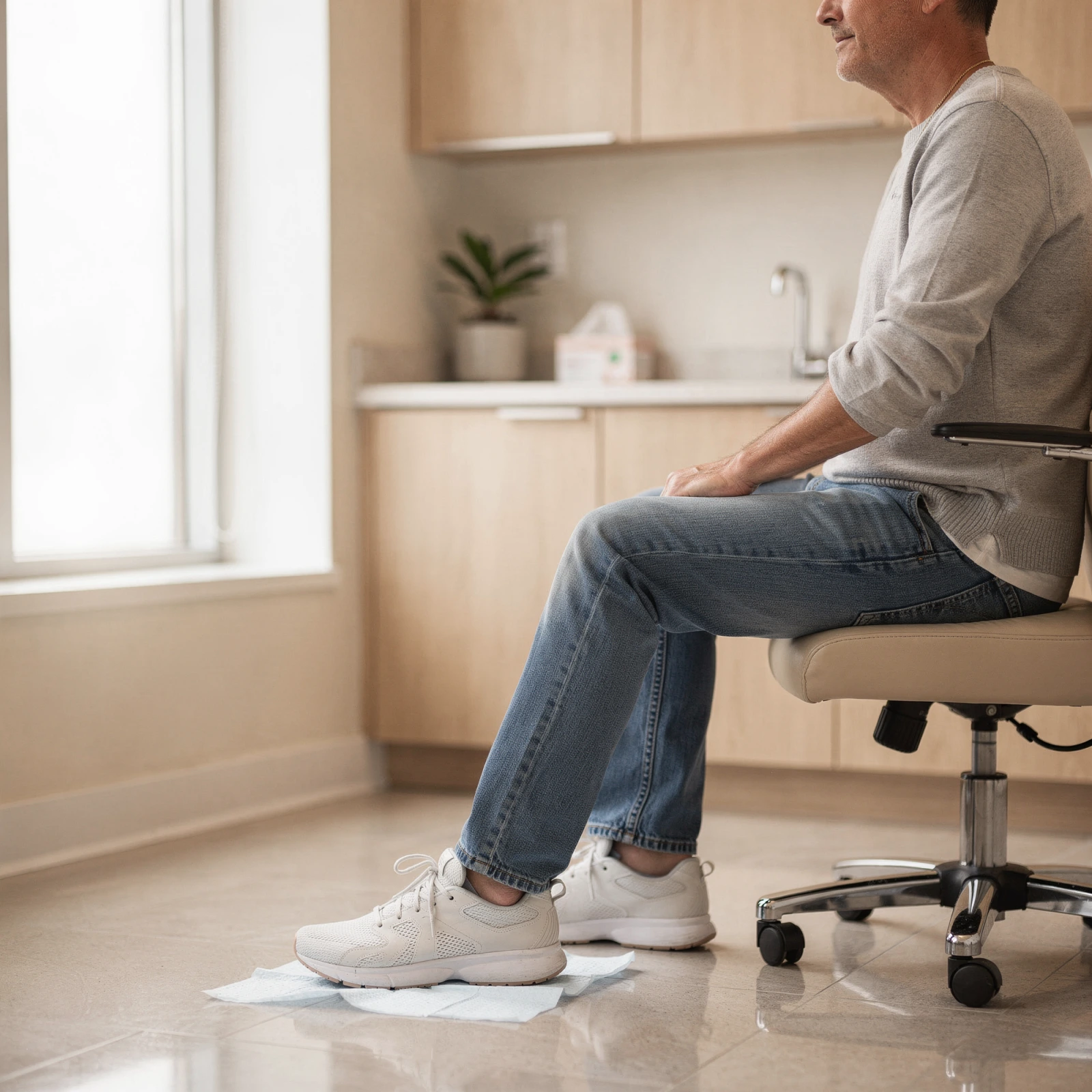 Man sitting in a modern medical office examining his foot